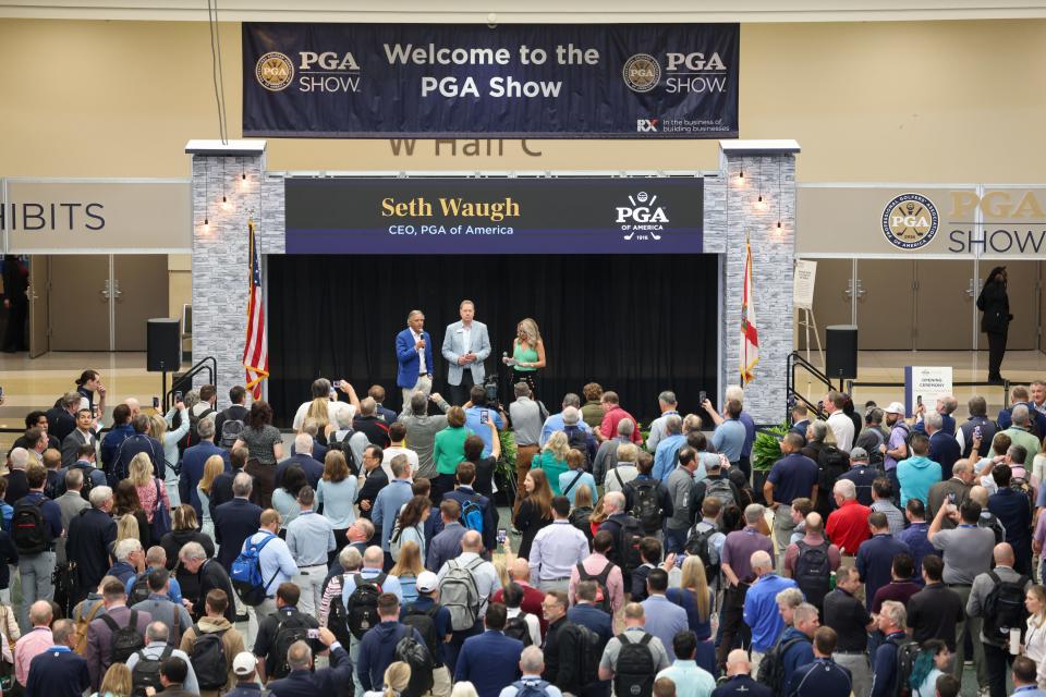 PGA of America CEO Seth Waugh with PGA of America President John Lindert and NBC Sports Next Media Personality Lauren Thompson during the 2024 PGA Show at Orange County Convention Center in Orlando. (Photo: Scott Halleran/PGA of America)