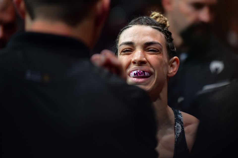 Feb 17, 2024; Anaheim, California, USA; Mackenzie Dern is prepped before fighting against Amanda Lemos during UFC 298 at Honda Center. Mandatory Credit: Gary A. Vasquez-USA TODAY Sports