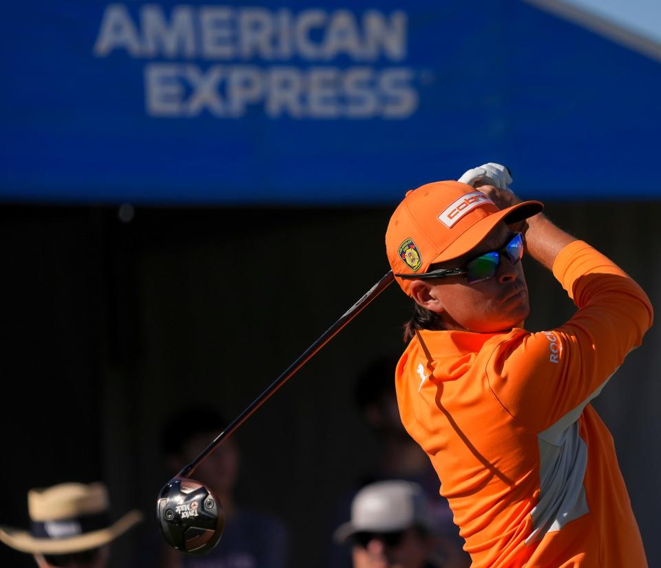 Rickie Fowler his his drive on one of the Pete Dye Stadium Course during the final round of The American Express at PGA West in La Quinta, Calif., Sunday, Jan. 19, 2025.