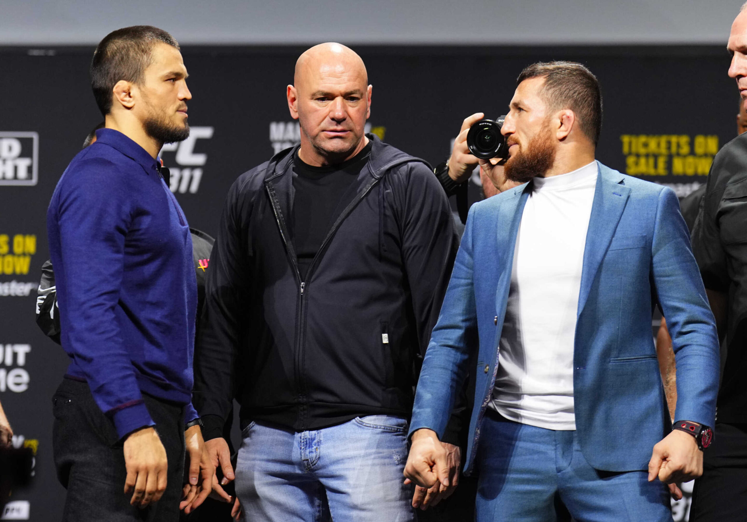 LAS VEGAS, NEVADA - DECEMBER 06: (L-R) Opponents Umar Nurmagomedov of Russia and Merab Dvalishvili of Georgia face off during the UFC 311 press conference at MGM Grand Garden Arena on December 06, 2024 in Las Vegas, Nevada. (Photo by Chris Unger/Zuffa LLC)