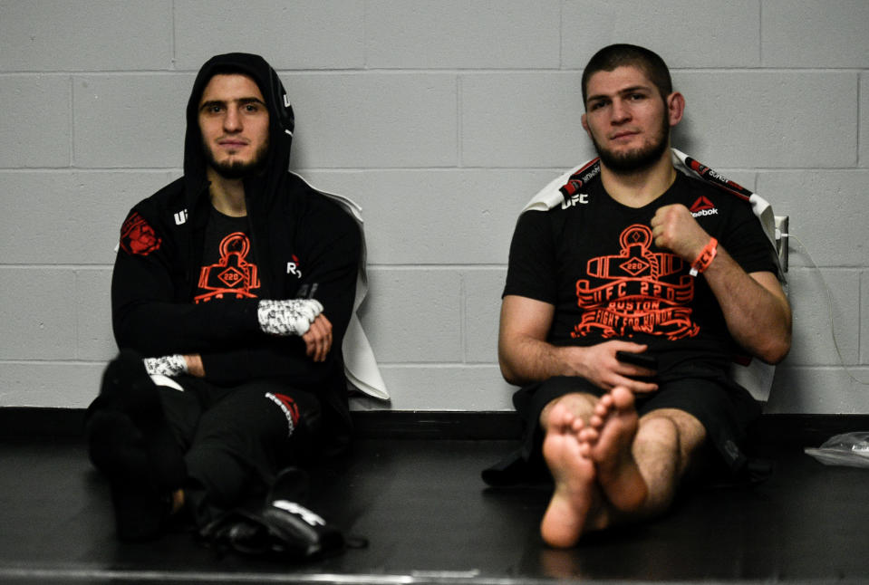 BOSTON, MA - JANUARY 20:  (L-R) Islam Makhachev of Russia and Khabib Nurmagomedov of Russia wait backstage during the UFC 220 event at TD Garden on January 20, 2018 in Boston, Massachusetts. (Photo by Brandon Magnus/Zuffa LLC/Zuffa LLC via Getty Images)