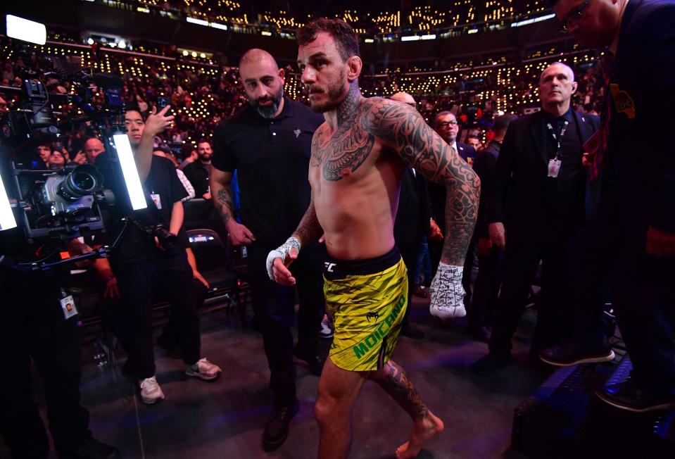 Jan 18, 2025; Inglewood, California, USA; Renato Moicano leaves the octagon after losing to Islam Makhachev (not pictured) in a lightweight title fight during UFC 311 at Intuit Dome. Mandatory Credit: Gary A. Vasquez-Imagn Images