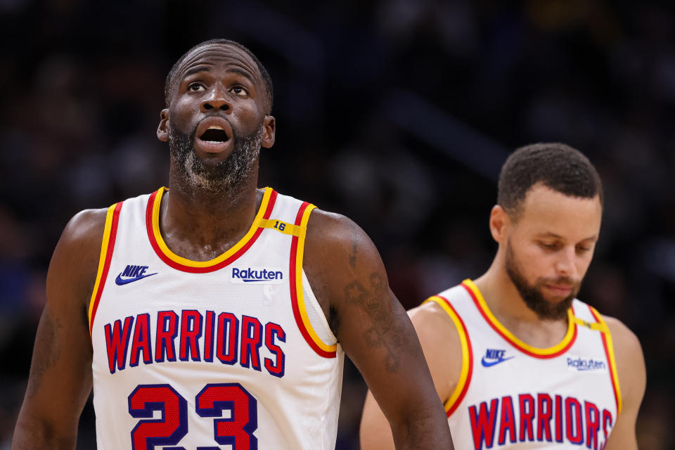 WASHINGTON, DC - NOVEMBER 04: Draymond Green #23 and Stephen Curry #30 of the Golden State Warriors look on after a play against the Washington Wizards during the second half at Capital One Arena on November 04, 2024 in Washington, DC. NOTE TO USER: User expressly acknowledges and agrees that, by downloading and or using this photograph, User is consenting to the terms and conditions of the Getty Images License Agreement. (Photo by Scott Taetsch/Getty Images)