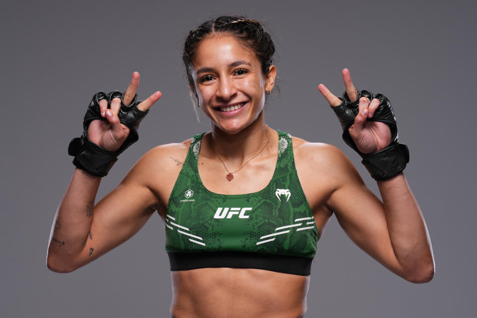 LAS VEGAS, NEVADA - SEPTEMBER 07: Jaqueline Amorim of Brazil poses for a portrait after her victory during the UFC Fight Night event at UFC APEX on September 07, 2024 in Las Vegas, Nevada. (Photo by Mike Roach/Zuffa LLC via Getty Images)