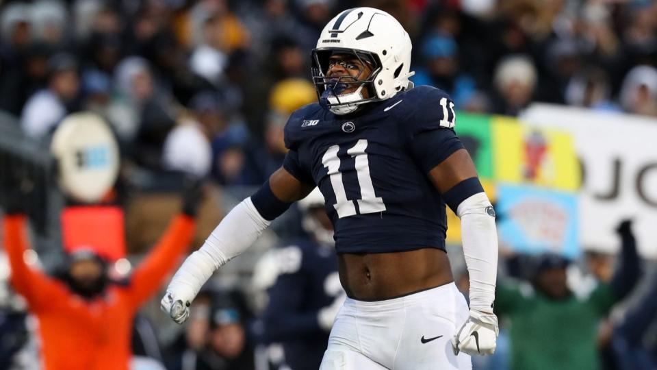 Nov 30, 2024; University Park, Pennsylvania, USA; (Editors Notes: Caption Correction) Penn State Nittany Lions defensive end Abdul Carter (11) reacts after sacking Maryland Terrapins quarterback MJ Morris (not pictured) during the first quarter at Beaver Stadium.