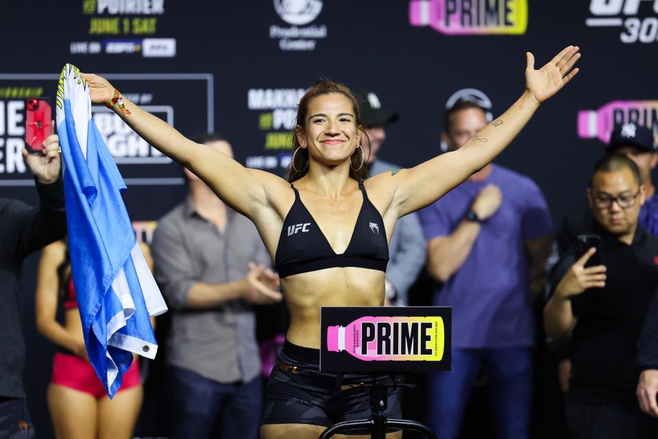 NEWARK, NEW JERSEY - MAY 31: Ailin Perez weighs in during the UFC 302 Ceremonial Weigh-in at Prudential Center on May 31, 2024 in Newark, New Jersey. (Photo by Luke Hales/Getty Images)