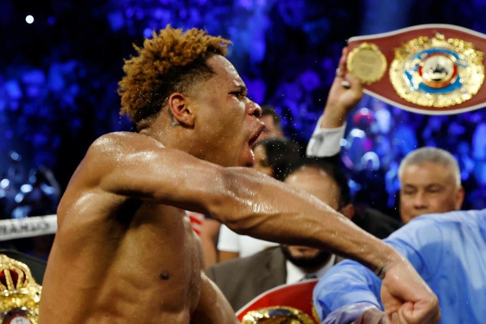 Haney celebrates retaining the undisputed super-lightweight titles against Vasiliy Lomachenko in 2023 (Getty Images)