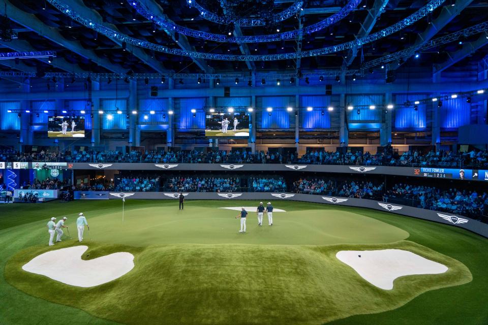 The Bay Club and New York Golf Club compete at the SoFi Center, the home of TGL, the interactive golf league founded by Tiger Woods and Rory McIlroy on January 7, 2025 in Palm Beach Gardens, Florida.