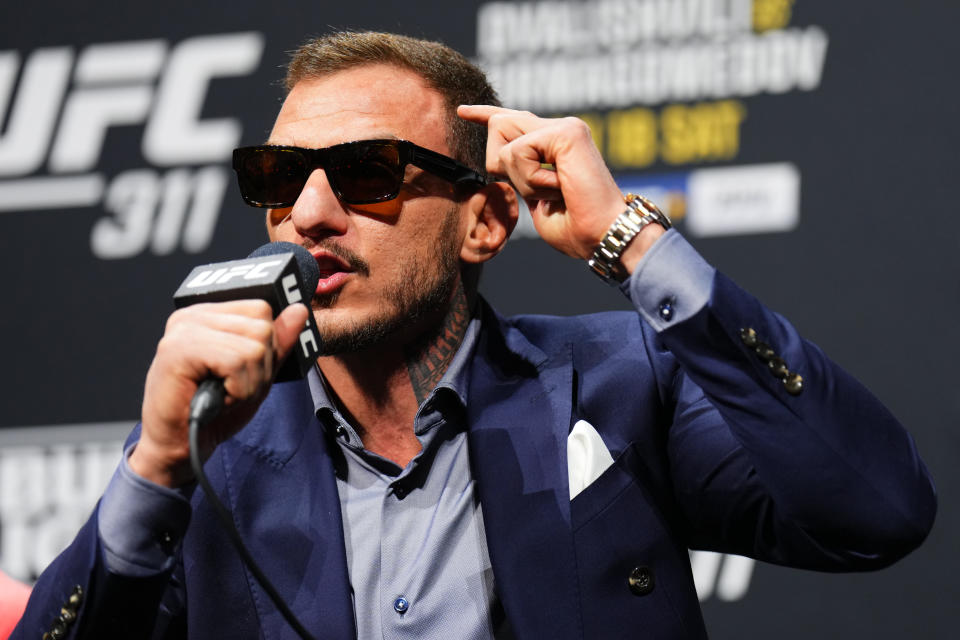 INGLEWOOD, CALIFORNIA - JANUARY 16: Renato Moicano of Brazil is seen on stage during the UFC 311 press conference at Intuit Dome on January 16, 2025 in Inglewood, California.  (Photo by Cooper Neill/Zuffa LLC)