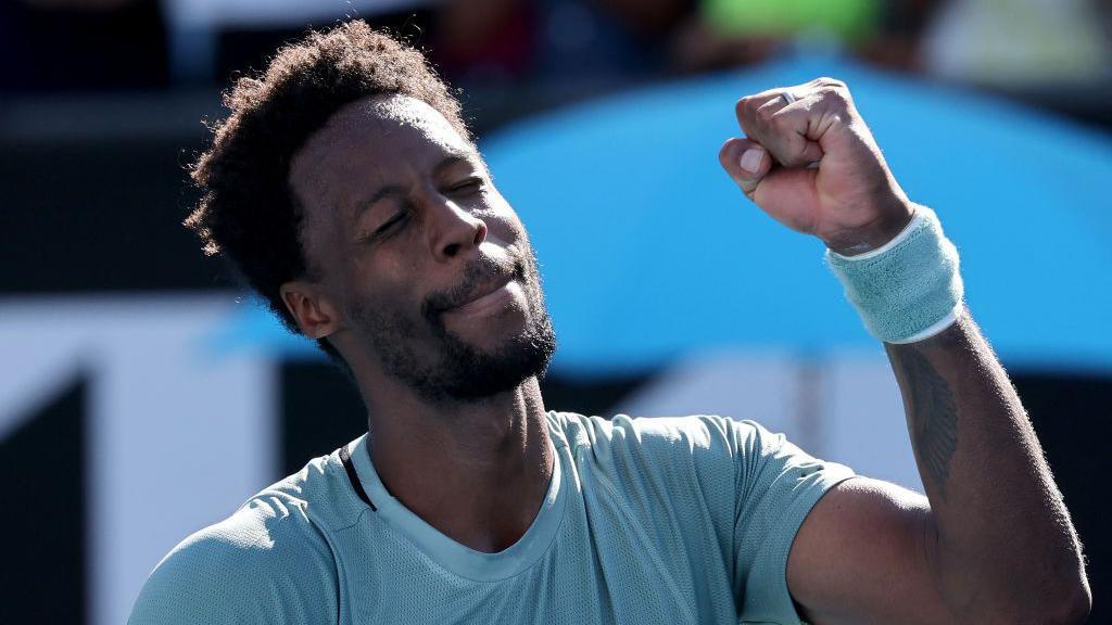 France's Gael Monfils celebrates the match point against compatriot Giovanni Mpetshi Perricard