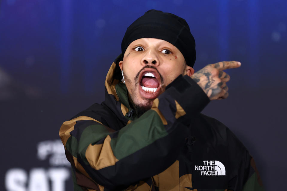 WASHINGTON, DC - DECEMBER 05: Gervonta Davis reacts during a press conference with Lamont Roach Jr. at Burr Gymnasium on the campus of Howard University on December 05, 2024 in Washington, DC. (Photo by Timothy Nwachukwu/Getty Images)