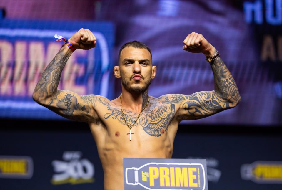 Apr 12, 2024; Las Vegas, Nevada, USA; UFC fighter Renato Moicano during ceremonial weigh ins for UFC 300 at MGM Grand Garden Arena. Mandatory Credit: Mark J. Rebilas-USA TODAY Sports