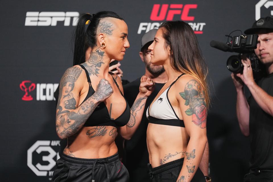 LAS VEGAS, NEVADA - JULY 14: In this UFC handout, (L-R) Ashlee Evans-Smith and Ailin Perez of Argentina face off during the UFC Fight Night weigh-in at UFC APEX on July 14, 2023 in Las Vegas, Nevada. (Photo by Jeff Bottari/Zuffa LLC via Getty Images)