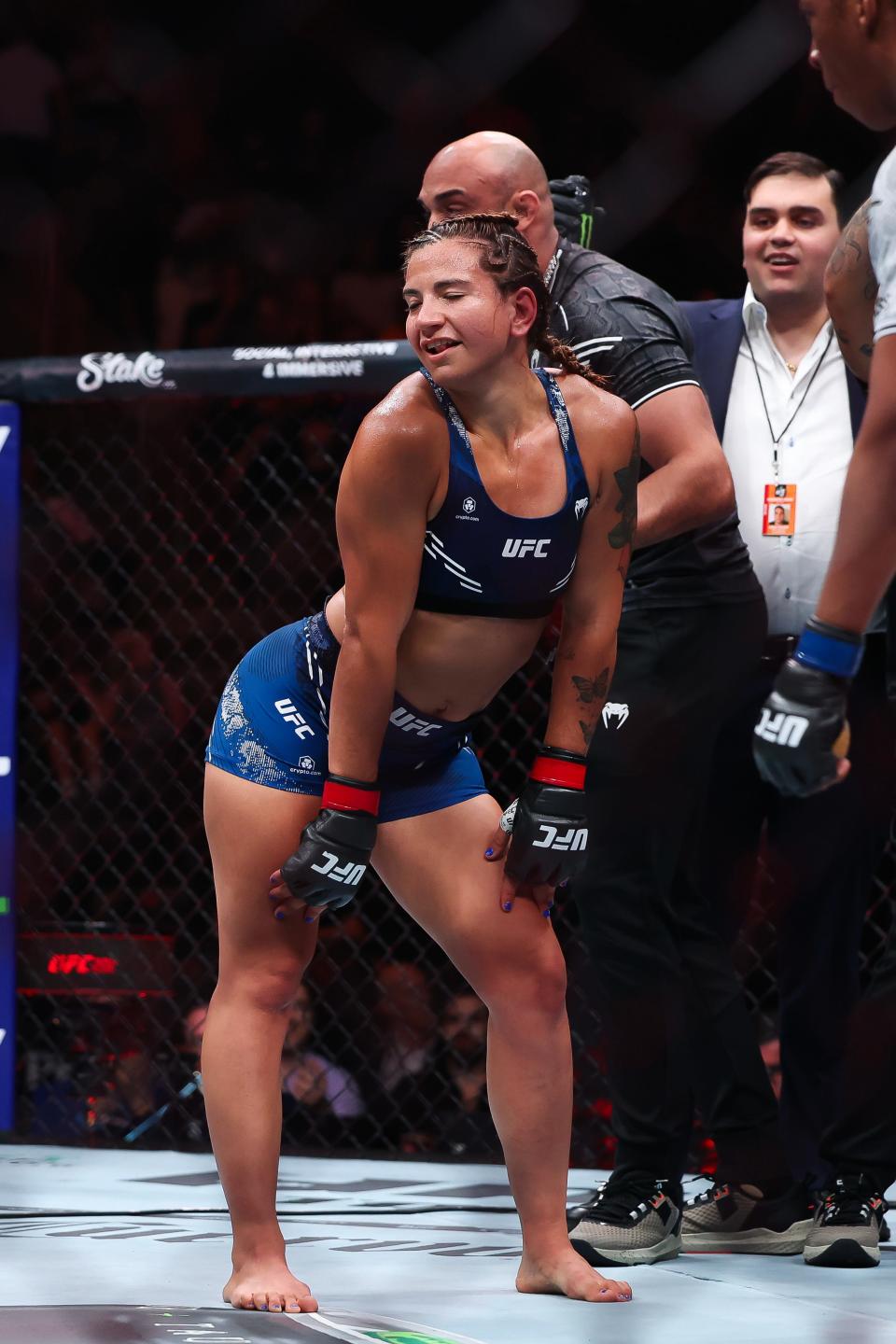 NEWARK, NEW JERSEY - JUNE 01: Ailin Perez of Argentina celebrates defeating Joselyne Edwards of Panama in their bantamweight bout during UFC 302 at Prudential Center on June 01, 2024 in Newark, New Jersey. (Photo by Luke Hales/Getty Images)