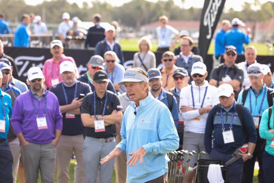 Brad Faxon speaks to fans and professionals during Demo Day of the PGA Show in 2024.