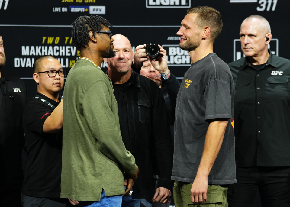 INGLEWOOD, CALIFORNIA - JANUARY 16: (L-R) Opponents Kevin Holland and Reinier de Ridder of The Netherlands face off during the UFC 311 press conference at Intuit Dome on January 16, 2025 in Inglewood, California.  (Photo by Jeff Bottari/Zuffa LLC)