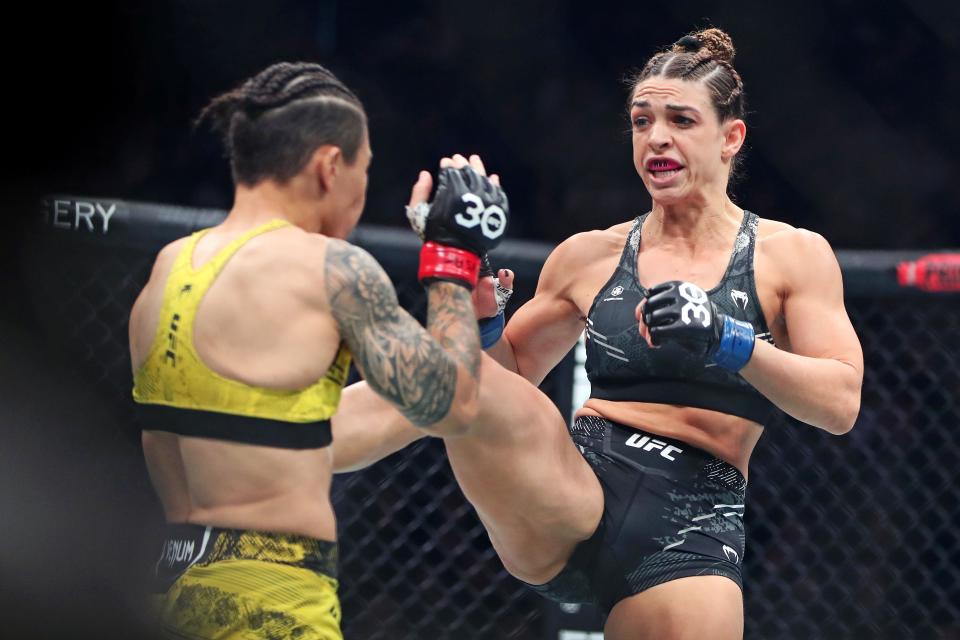 Nov 11, 2023; New York, NY, USA; Jessica Andrade (red gloves) fights Mackenzie Dern (blue gloves) during UFC 295 at Madison Square Garden. Mandatory Credit: Wendell Cruz-USA TODAY Sports