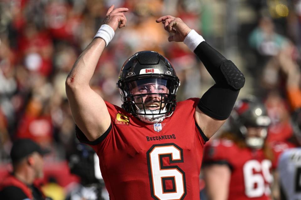 Tampa Bay Buccaneers quarterback Baker Mayfield (6) celebrates his touchdown pass against the New Orleans Saints.