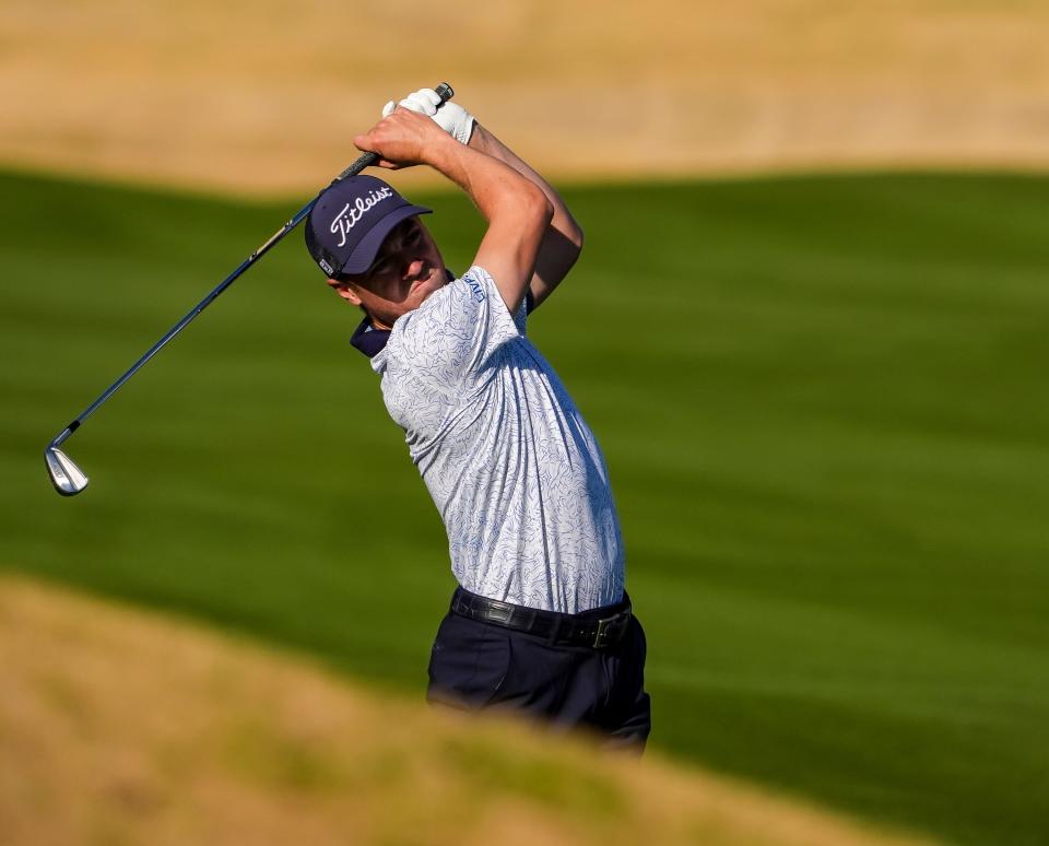 Justin Thomas takes his second shot on 11 during the second round of The American Express on the Nicklaus Tournament Course at PGA West in La Quinta, Calif., Friday, Jan. 17, 2025.