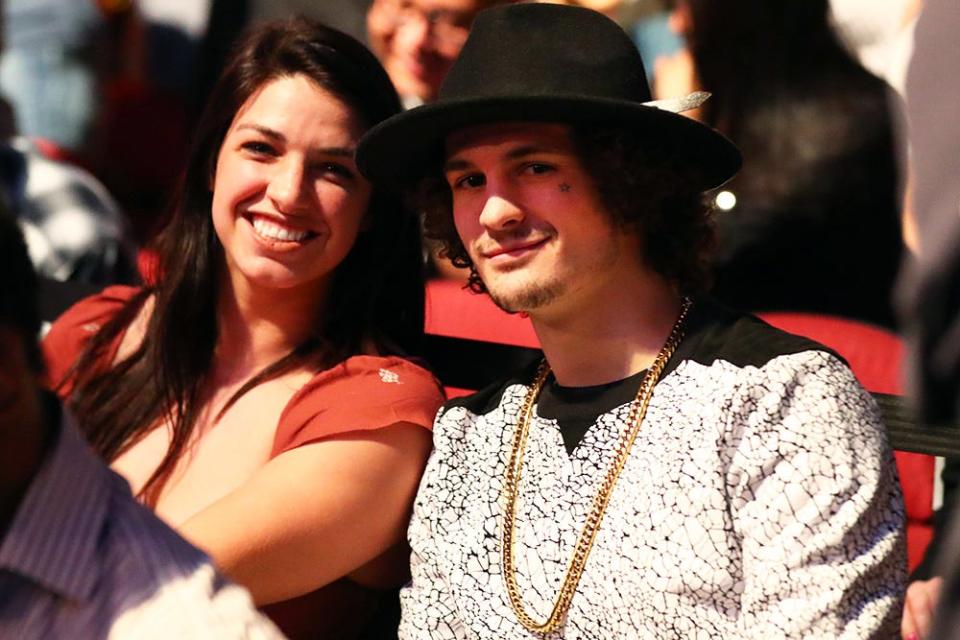 Apr 14, 2018; Glendale, AZ, USA; UFC fighter Sean O'Malley (right) and Mackenzie Dern in attendance during UFC Fight Night at Gila River Arena. Mandatory Credit: Mark J. Rebilas-USA TODAY Sports