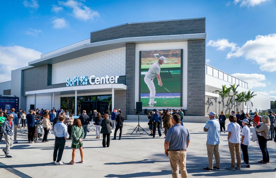 The ribbon cutting for the opening of SoFi Center, the home of TGL, the interactive golf league founded by Tiger Woods and Rory McIlroy on January 7, 2025 in Palm Beach Gardens, Florida.