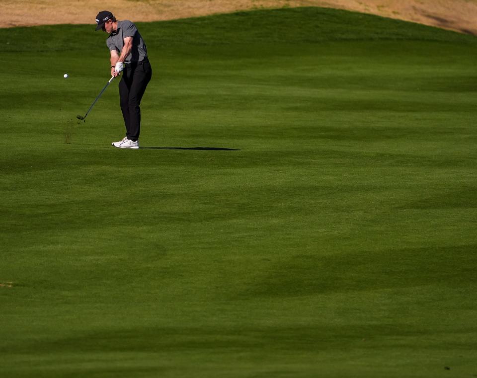 Blades Brown makes his approach to the 10th green during the second round of the 2025 American Express on the Nicklaus Tournament Course at PGA West.