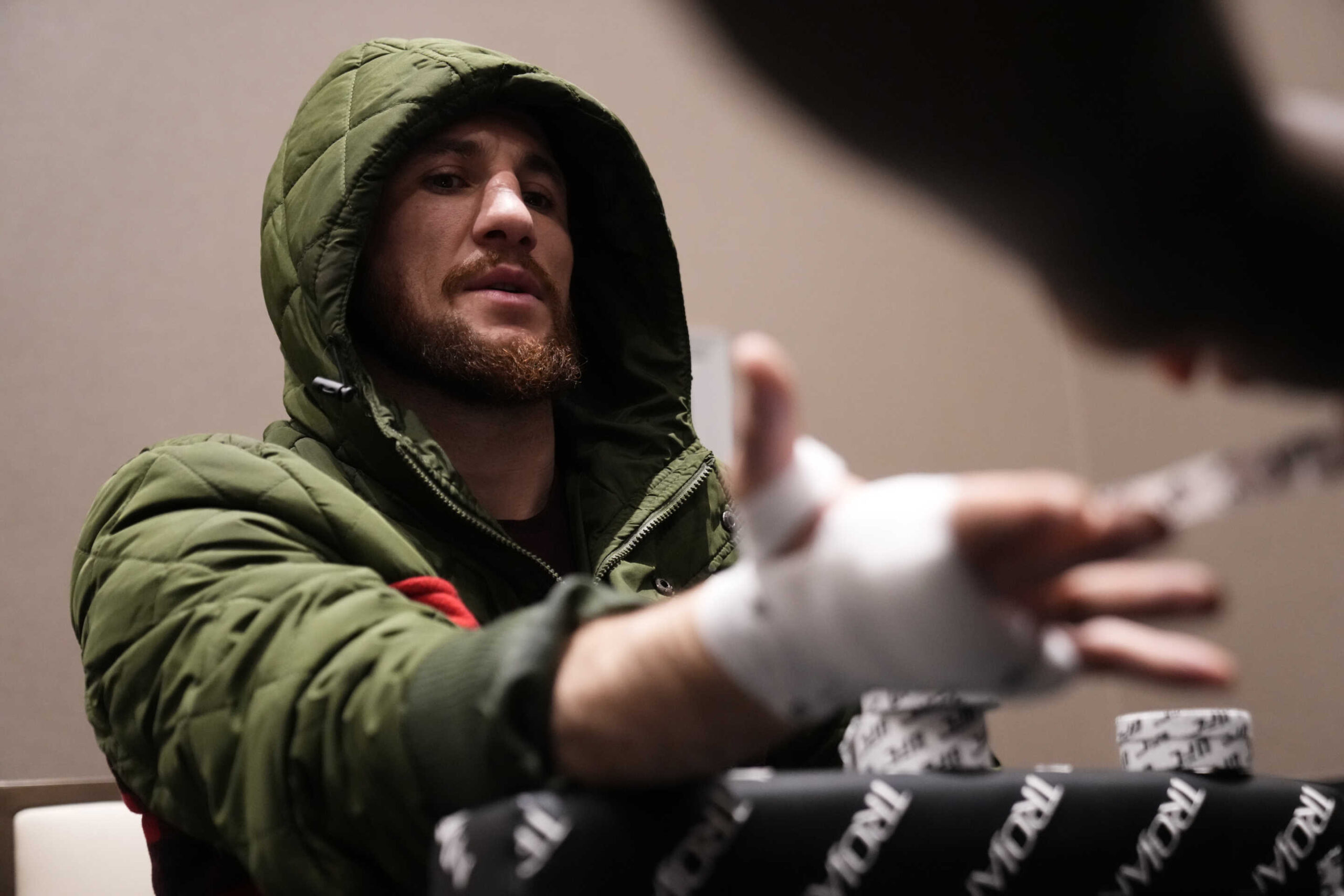 LAS VEGAS, NEVADA - MARCH 11: Merab Dvalishvili of Georgia has his hands wrapped prior to his fight during the UFC Fight Night event at The Theater at Virgin Hotels Las Vegas on March 11, 2023 in Las Vegas, Nevada. (Photo by Mike Roach/Zuffa LLC via Getty Images)