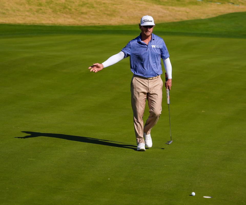 Charley Hoffman reacts to his first putt on the third green of the Pete Dye Stadium Course during the final round of The American Express at PGA West in La Quinta, Calif., Sunday, Jan. 19, 2025.