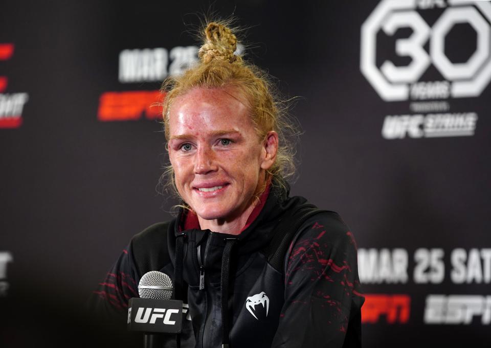 Mar 25, 2023; San Antonio, Texas, USA; UFC fighter Holly Holm at a press conference after UFC Fight Night at AT&T Center. Mandatory Credit: Aaron Meullion-USA TODAY Sports