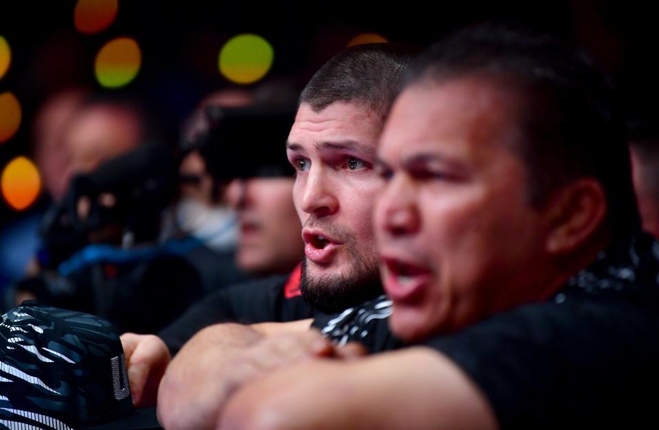 Jan 18, 2025; Inglewood, California, USA; Khabib Nurmagomedov ringside during UFC 311 at Intuit Dome. Mandatory Credit: Gary A. Vasquez-Imagn Images