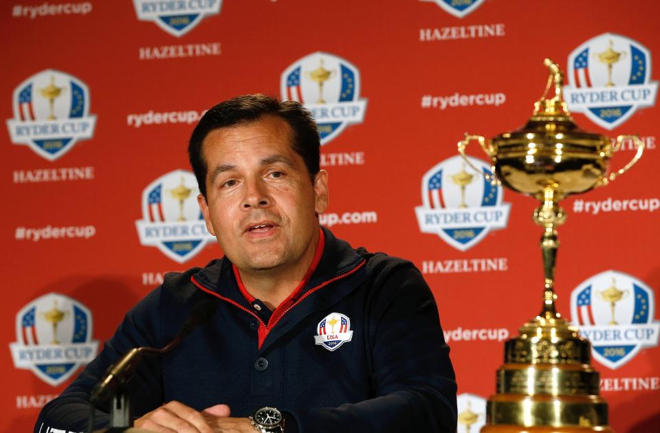 Derek Sprague, President of the PGA of America speaks during a press conference for Ryder Cup announcements at New York Hilton Midtown on August 29, 2016 in New York City.