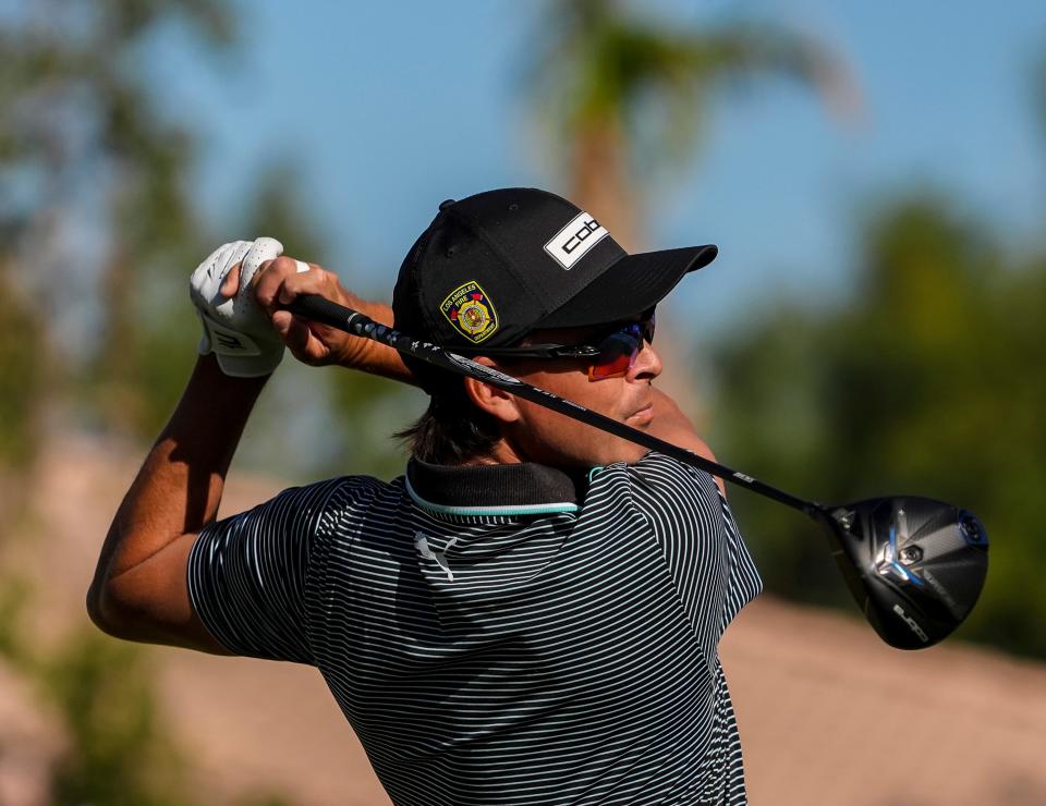 Rickie Fowler tees off on 11 during the second round of The American Express on the Nicklaus Tournament Course at PGA West in La Quinta, Calif., Friday, Jan. 17, 2025.