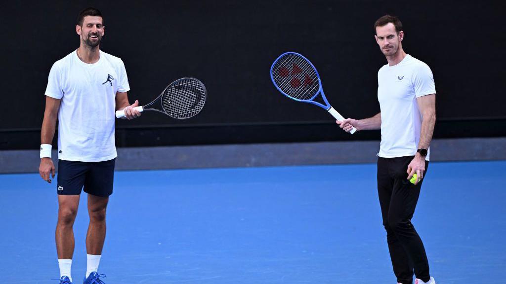 Novak Djokovic and Andy Murray in practice