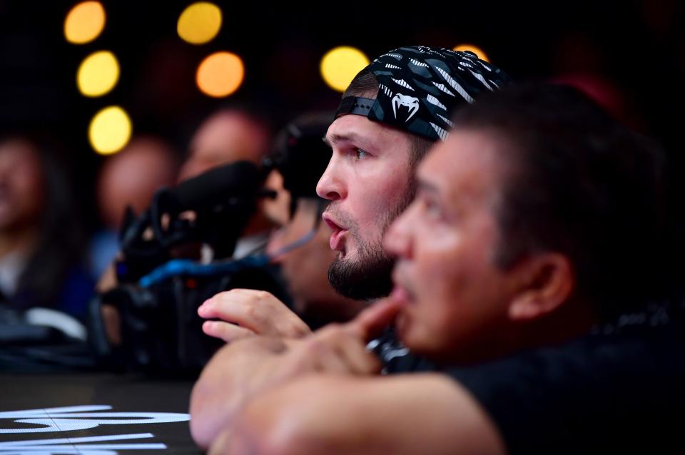 Jan 18, 2025; Inglewood, California, USA; Khabib Nurmagomedov ringside during UFC 311 at Intuit Dome. Mandatory Credit: Gary A. Vasquez-Imagn Images