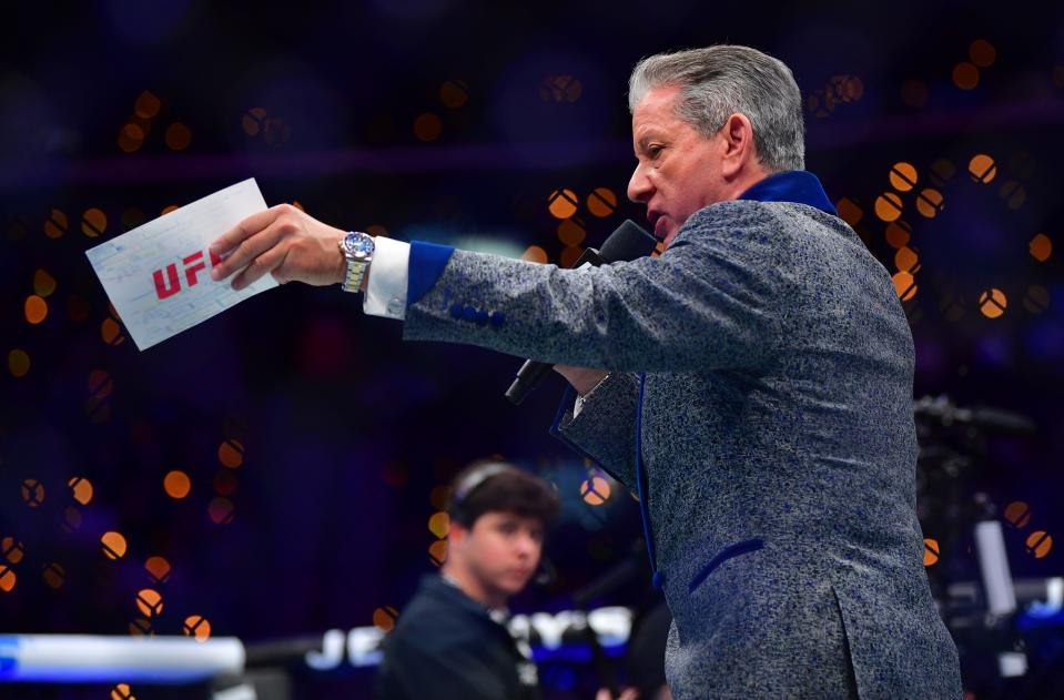 Jan 18, 2025; Inglewood, California, USA; UFC ring announcer Bruce Buffer during UFC 311 at Intuit Dome. Mandatory Credit: Gary A. Vasquez-Imagn Images