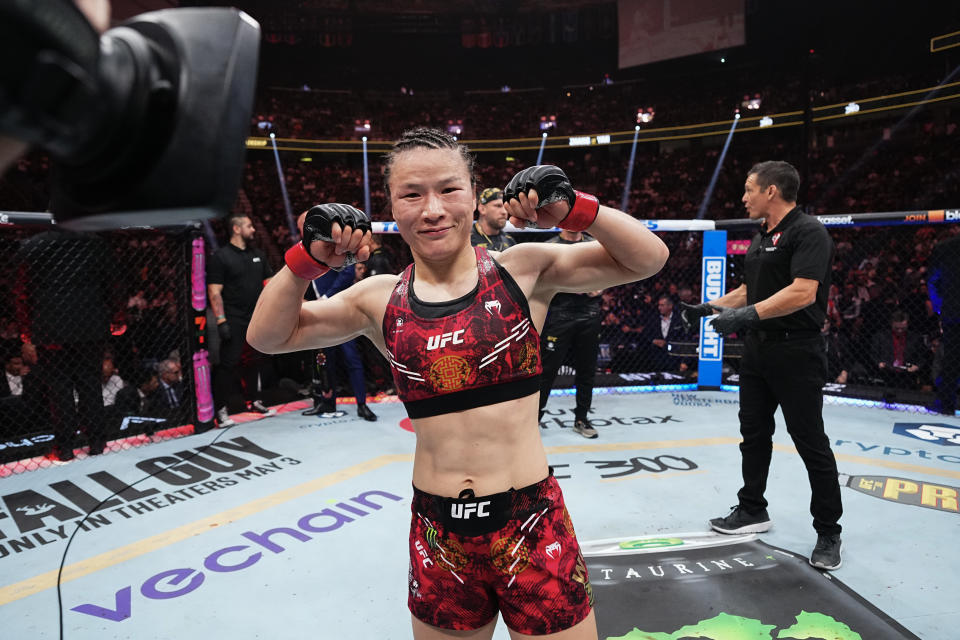 LAS VEGAS, NEVADA - APRIL 13: Zhang Weili of China reacts to the decision in the UFC strawweight championship fight during the UFC 300 event at T-Mobile Arena on April 13, 2024 in Las Vegas, Nevada.  (Photo by Jeff Bottari/Zuffa LLC via Getty Images)