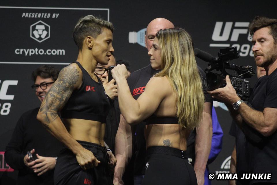 Amanda Lemos vs Mackenzie Dern faceoff UFC 298 ceremonial weigh-ins