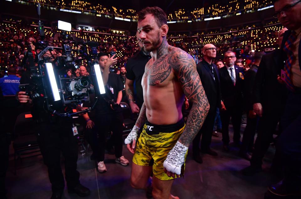 Jan 18, 2025; Inglewood, California, USA; Renato Moicano leaves the octagon after losing to Islam Makhachev (not pictured) in a lightweight title fight during UFC 311 at Intuit Dome. Mandatory Credit: Gary A. Vasquez-Imagn Images