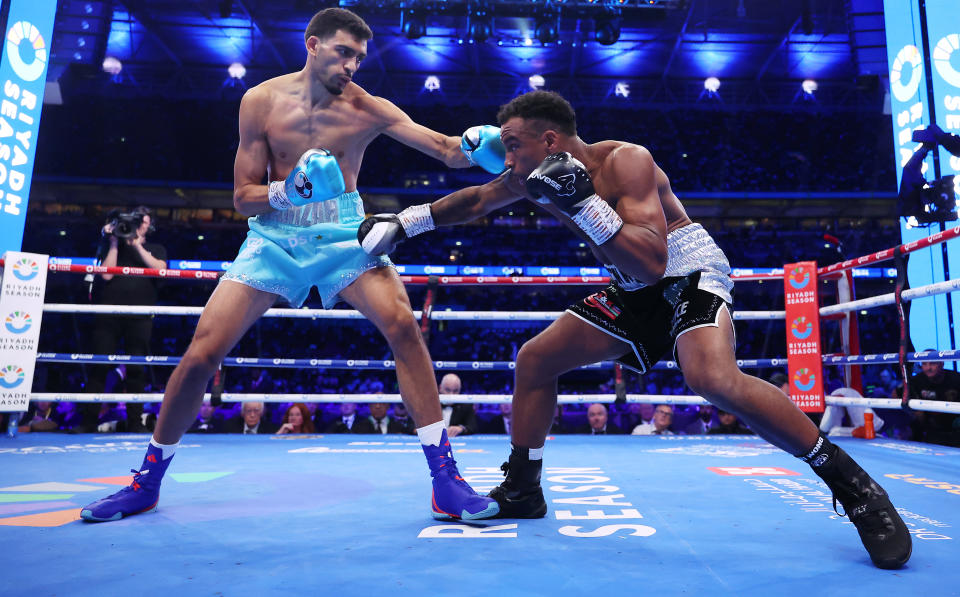 LONDON, ENGLAND - SEPTEMBER 21: Hamzah Sheeraz punches Tyler Denny during the EBU European Middleweight Title fight between Tyler Denny and Hamzah Sheeraz, on the Riyadh Season  - Wembley Edition card at Wembley Stadium on September 21, 2024 in London, England. (Photo by Richard Pelham/Getty Images)