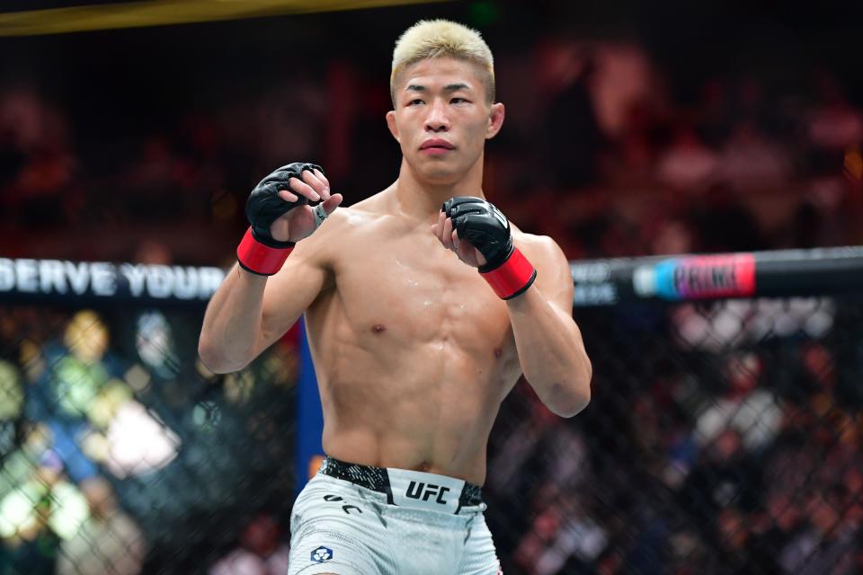 Feb 17, 2024; Anaheim, California, USA; Rinya Nakamura fights against Carlos Vera during UFC 298 at Honda Center. Mandatory Credit: Gary A. Vasquez-USA TODAY Sports