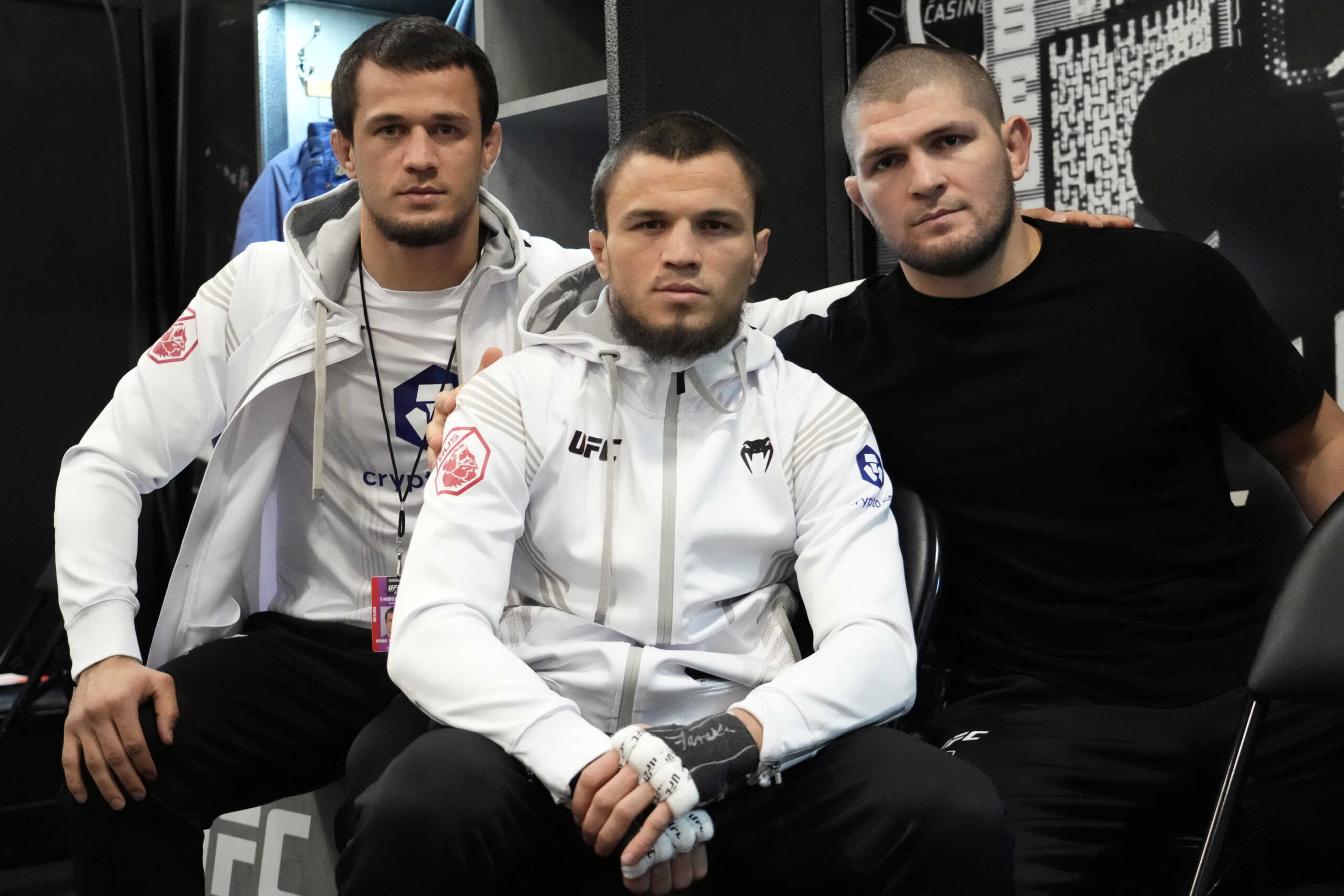 LAS VEGAS, NEVADA - MARCH 05: Umar Nurmagomedov (C) of Russia is seen backstage with his cousin Khabib Nurmagomedov (R) during the UFC 272 event on March 05, 2022 in Las Vegas, Nevada. (Photo by Mike Roach/Zuffa LLC)