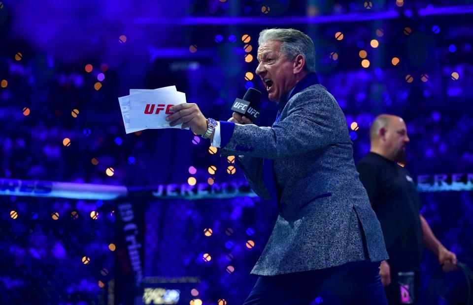 Jan 18, 2025; Inglewood, California, USA; UFC announcer Bruce Buffer during UFC 311 at Intuit Dome. Mandatory Credit: Gary A. Vasquez-Imagn Images