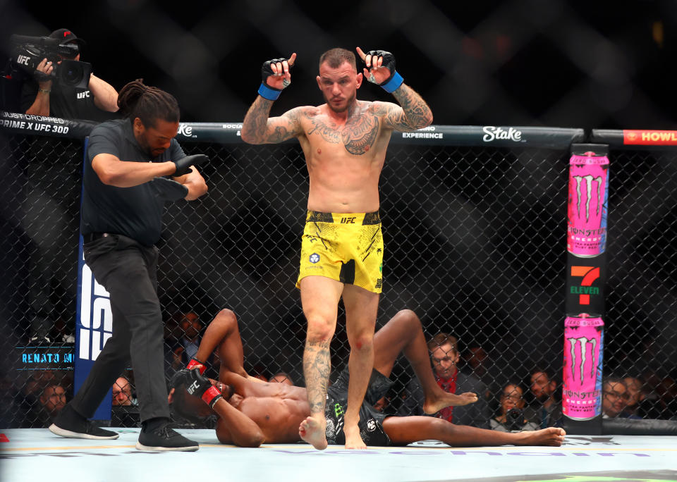 Apr 13, 2024; Las Vegas, Nevada, USA; Renato Moicano celebrates after defeating Jalin Turner during UFC 300 at T-Mobile Arena. Mandatory Credit: Mark J. Rebilas-USA TODAY Sports