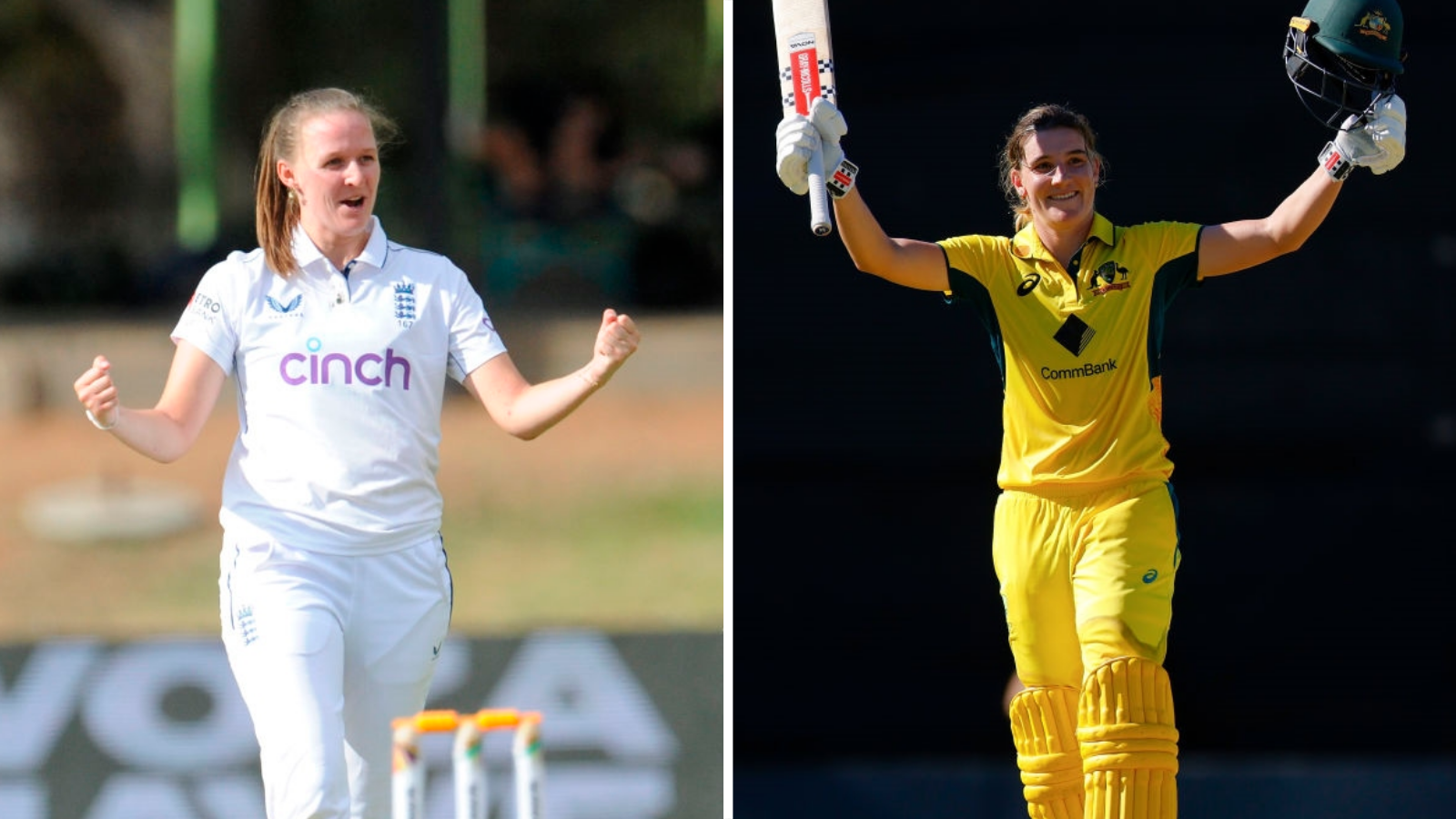 Left: Lauren Filer celebrates a wicket Right: Annabel Sutherland celebrates a century