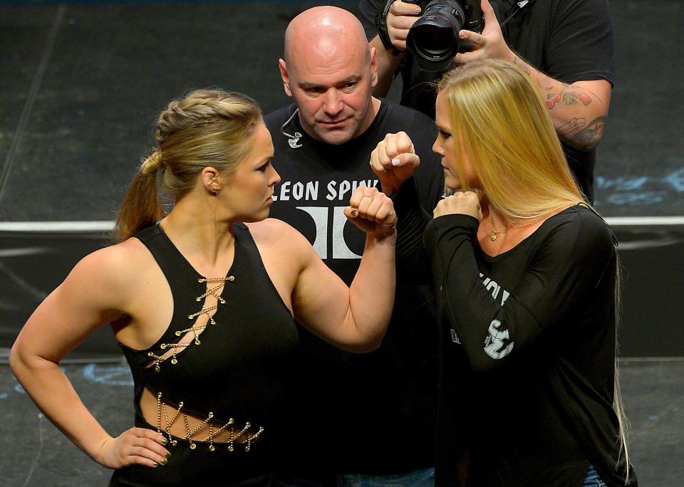 Sep 4, 2015; Las Vegas, NV, USA; UFC President Dana White looks on as Champion Ronda Rousey and challenger Holly Holm face-off at the MGM Grand Garden Arena to promote their upcoming fight, UFC 194, in Dallas, Tx. Mandatory Credit: Jayne Kamin-Oncea-USA TODAY Sports