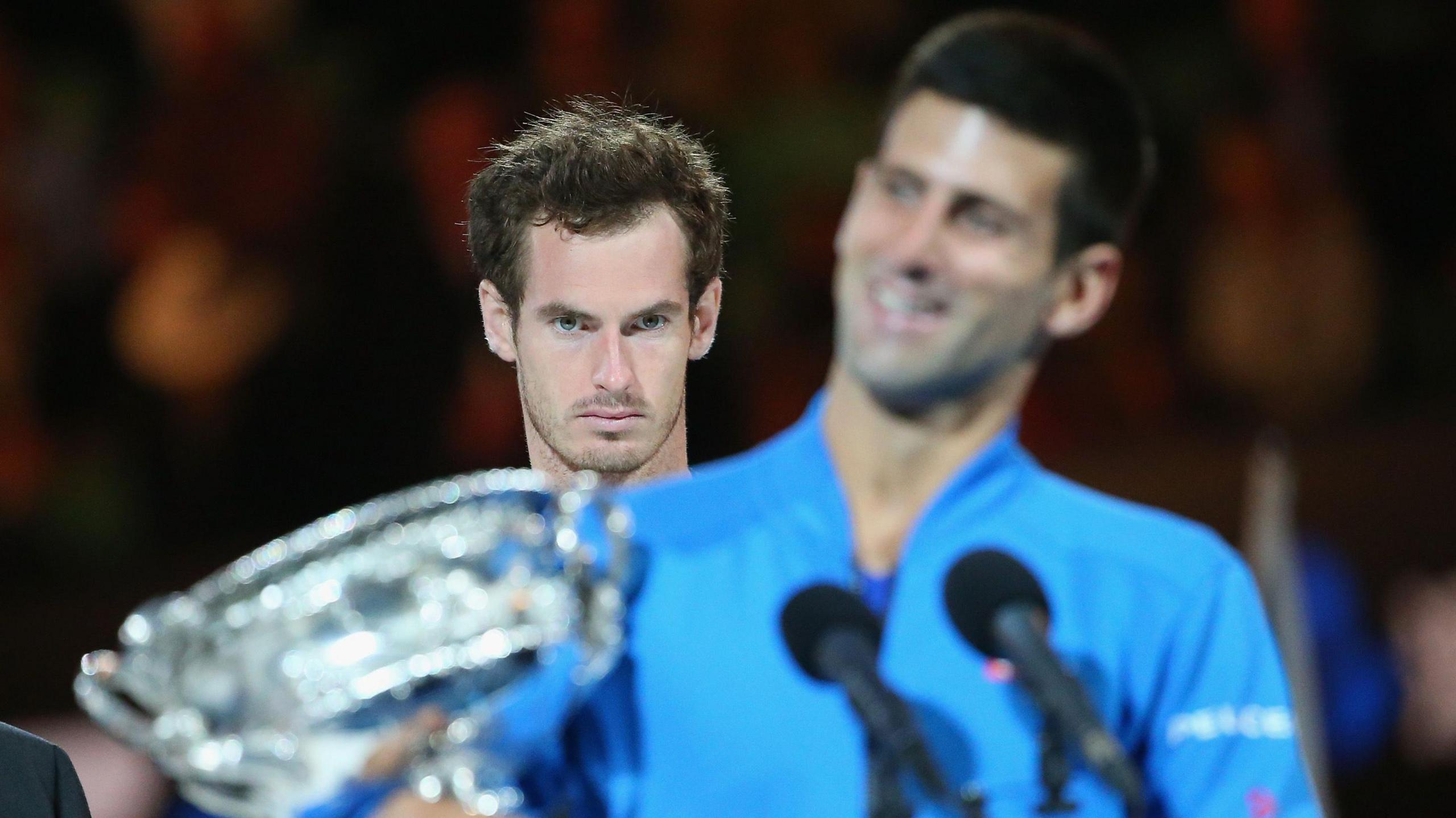 Andy Murray looks on as Novak Djokovic makes his speech after winning the 2015 Australian Open