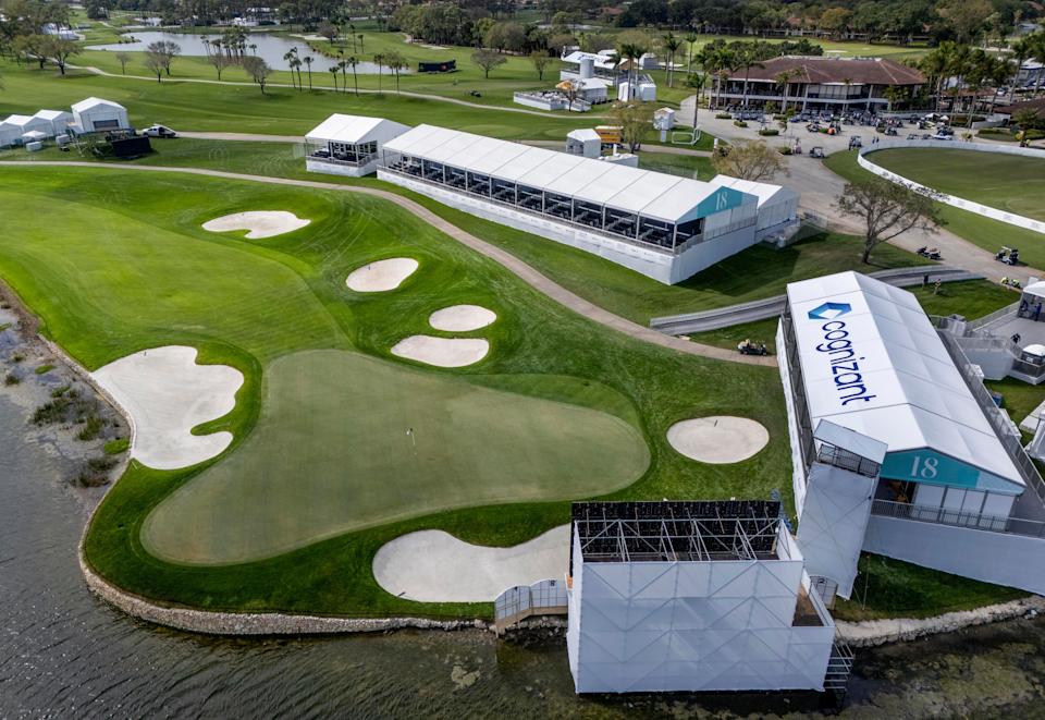 The 18th green at the Cognizant Classic of the Palm Beaches at PGA National on February 21, 2025, in Palm Beach Gardens, Florida.