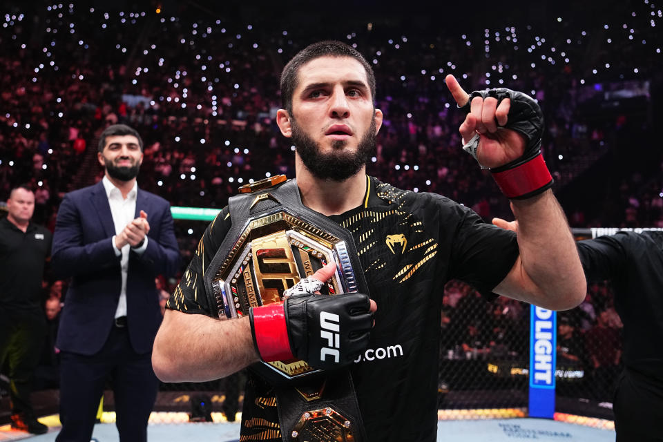 INGLEWOOD, CALIFORNIA - JANUARY 18: Islam Makhachev of Russia reacts after a submission victory against Renato Moicano of Brazil in the UFC lightweight championship fight during the UFC 311 event at Intuit Dome on January 18, 2025 in Inglewood, California. (Photo by Jeff Bottari/Zuffa LLC)