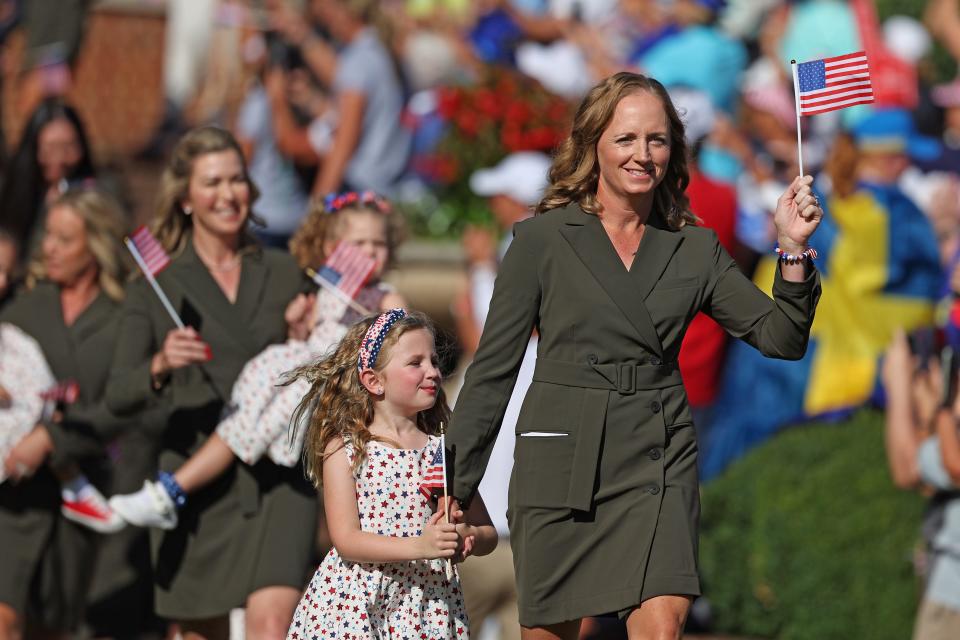 Team United States Captain Stacy Lewis leads her team into the Opening Ceremony prior to the Solheim Cup at Robert Trent Jones Golf Club on September 12, 2024 in Gainesville, Virginia.