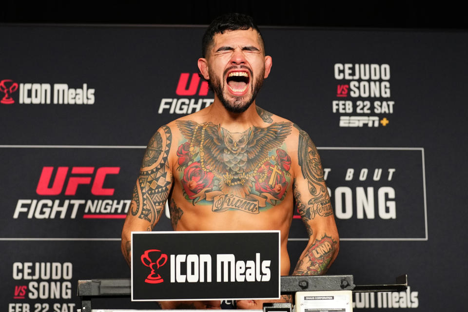 SEATTLE, WASHINGTON - FEBRUARY 21: Anthony Hernandez poses on the scale during the UFC Fight Night official weigh-in at the Hyatt at Olive 8 on February 21, 2025 in Seattle, Washington. (Photo by Chris Unger/Zuffa LLC)